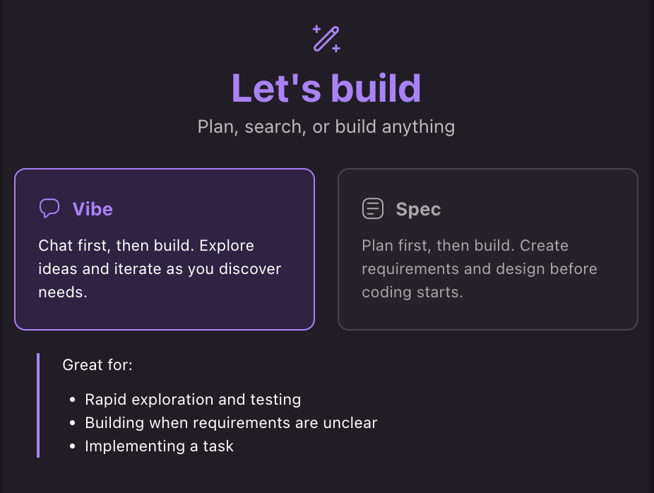 Kiro Vibe session Picker