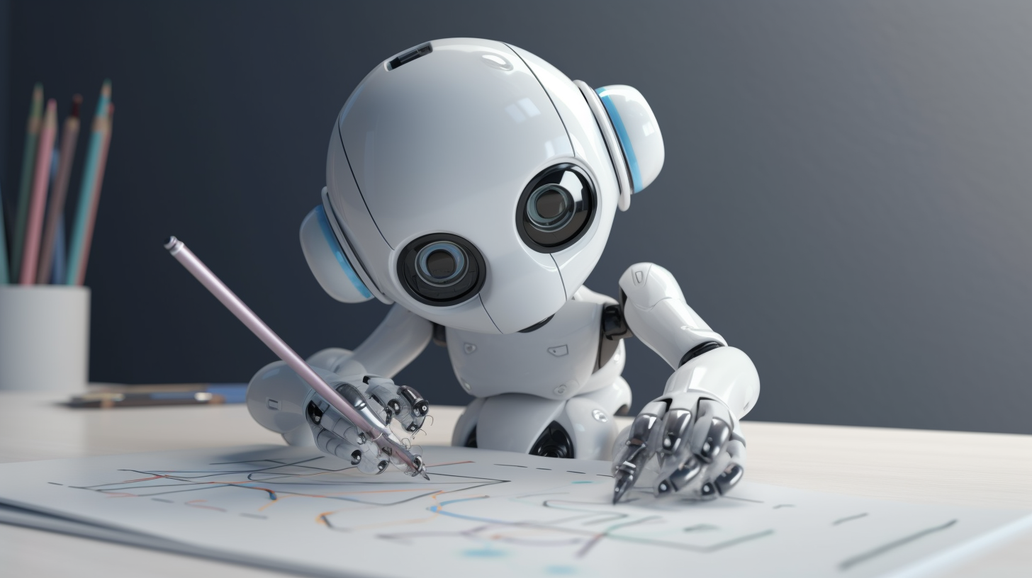 A cute white robot is drawing --ar 16:9 --v 5