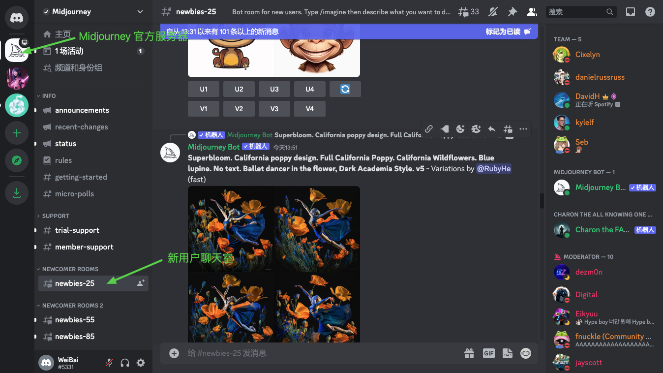 在 Discord 上的 Midjourney 新手房间生成图像