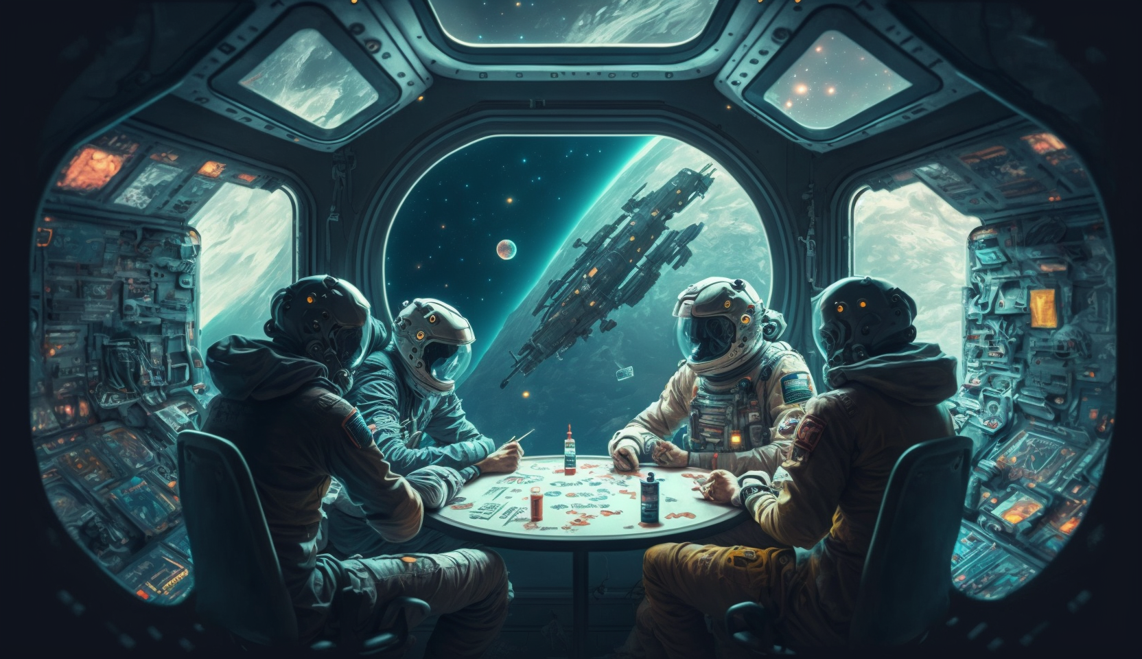 Full Shot. Four astronauts are playing Texas Hold'em in the spacecraft, through the window of the spacecraft is the vast universe. cyberpunk style. super detailed --ar 16:9