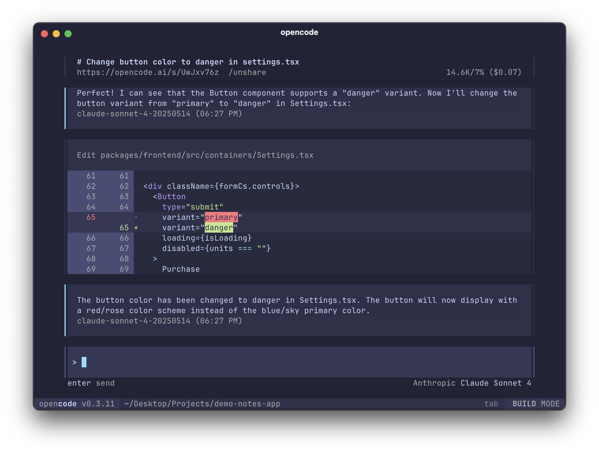 OpenCode TUI with the opencode theme